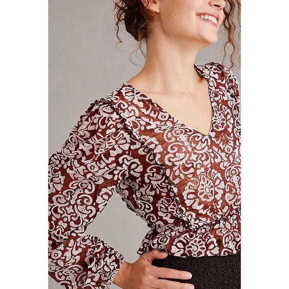 By Anthropologie Jacquard Peasant Blouse Women's Blouse Wine M Ruffle Peplum - Picture 3 of 8